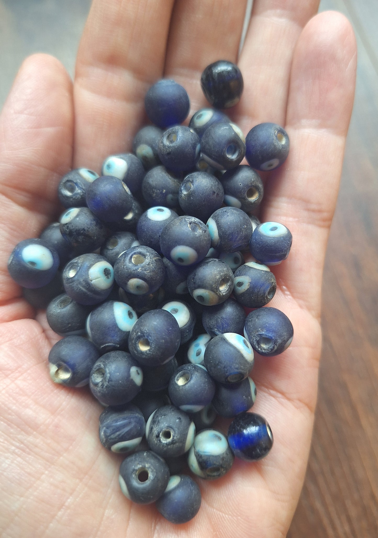 Vintage glass beads Eye, dark blue, set of 10