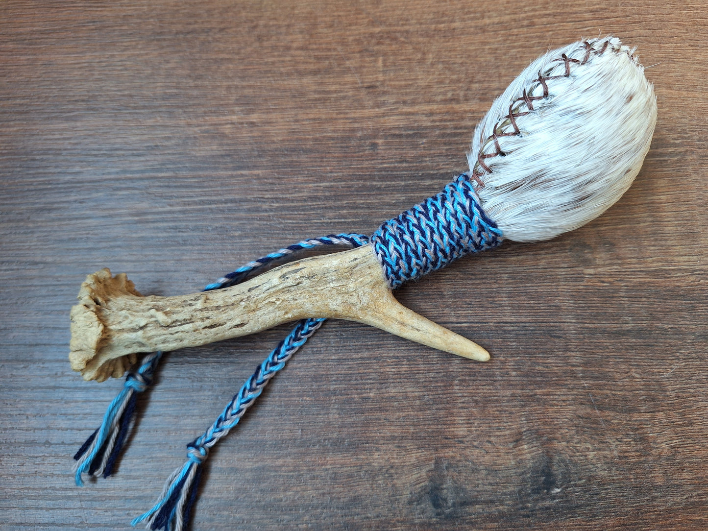 Horse hide and roe deer antler rattle