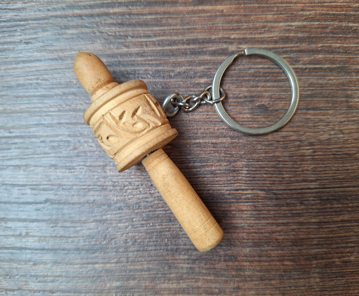 Wooden prayer wheel keychain