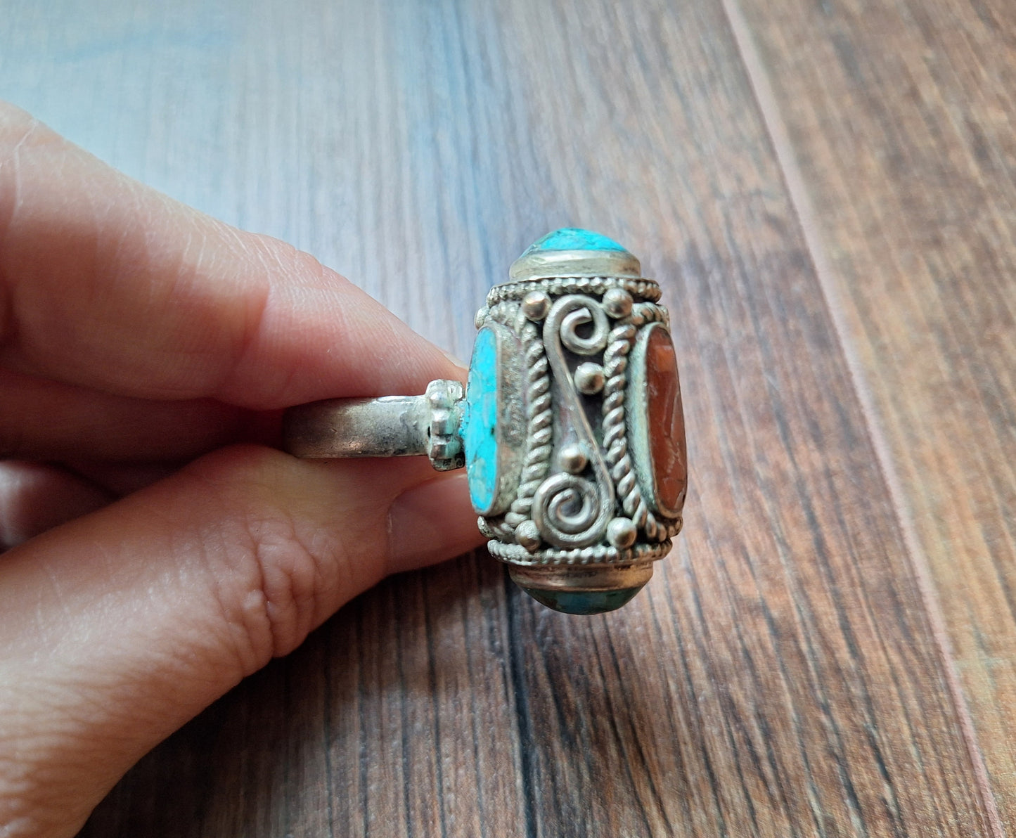 Vintage Tibetan silver and gemstone ring