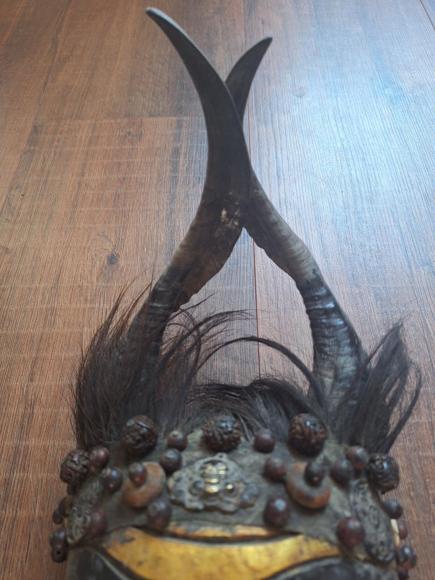 Vintage wooden wrathful spirit mask with beads, metal plating and yak hair #3