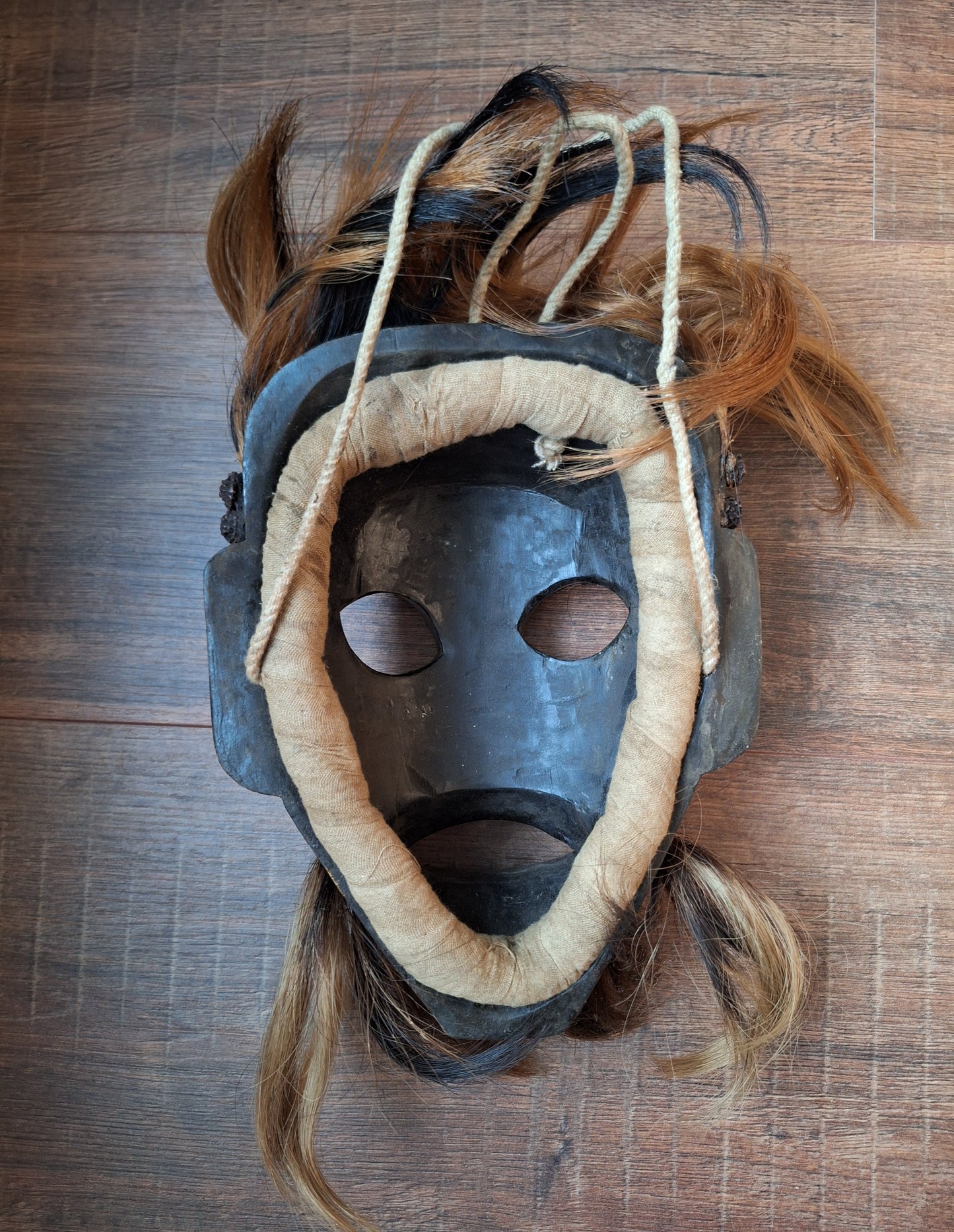 Vintage wooden wrathful spirit mask with metal plating, beads and yak hair