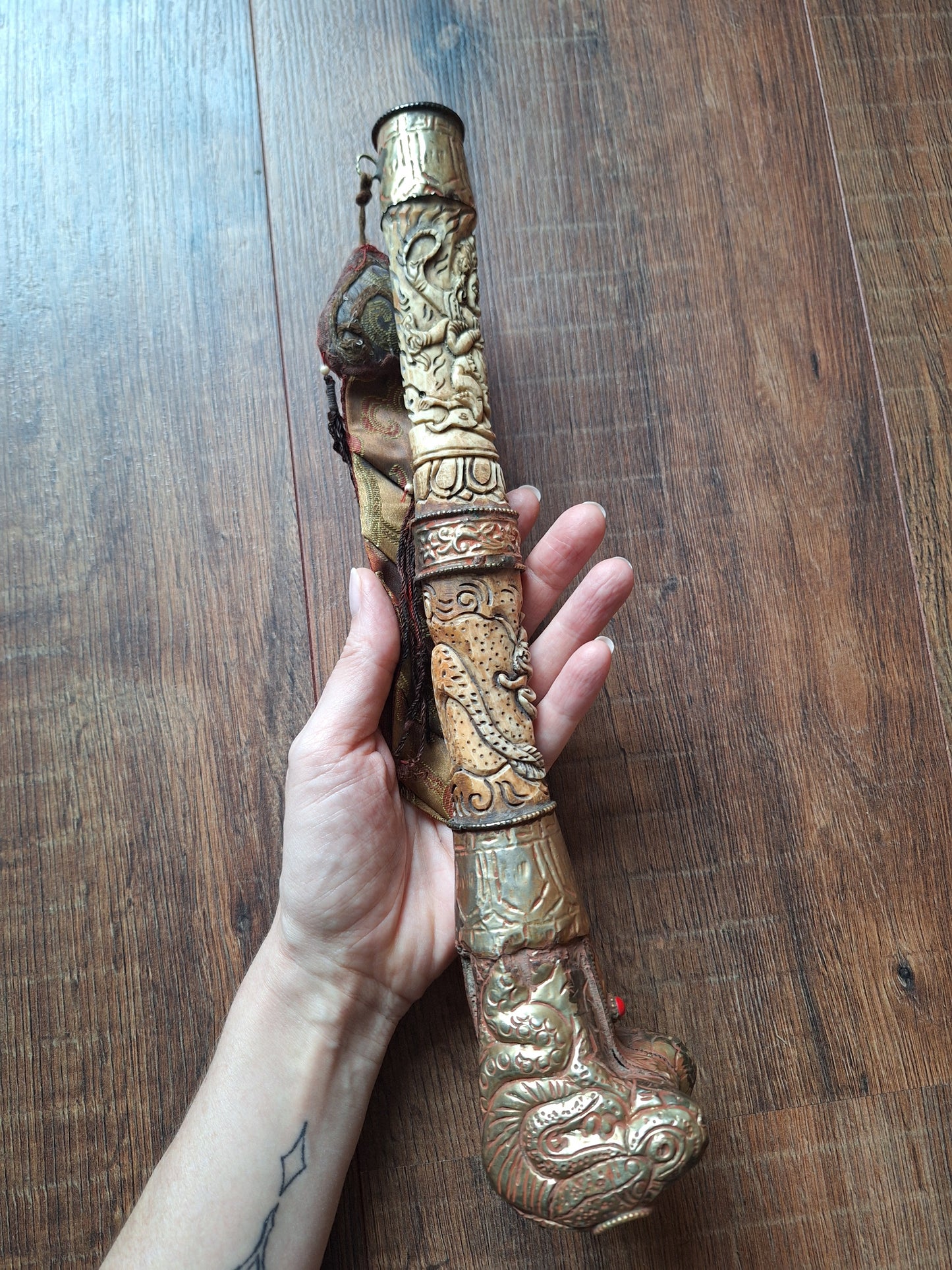 Vintage Tibetan Buddhist carved yak bone kangling