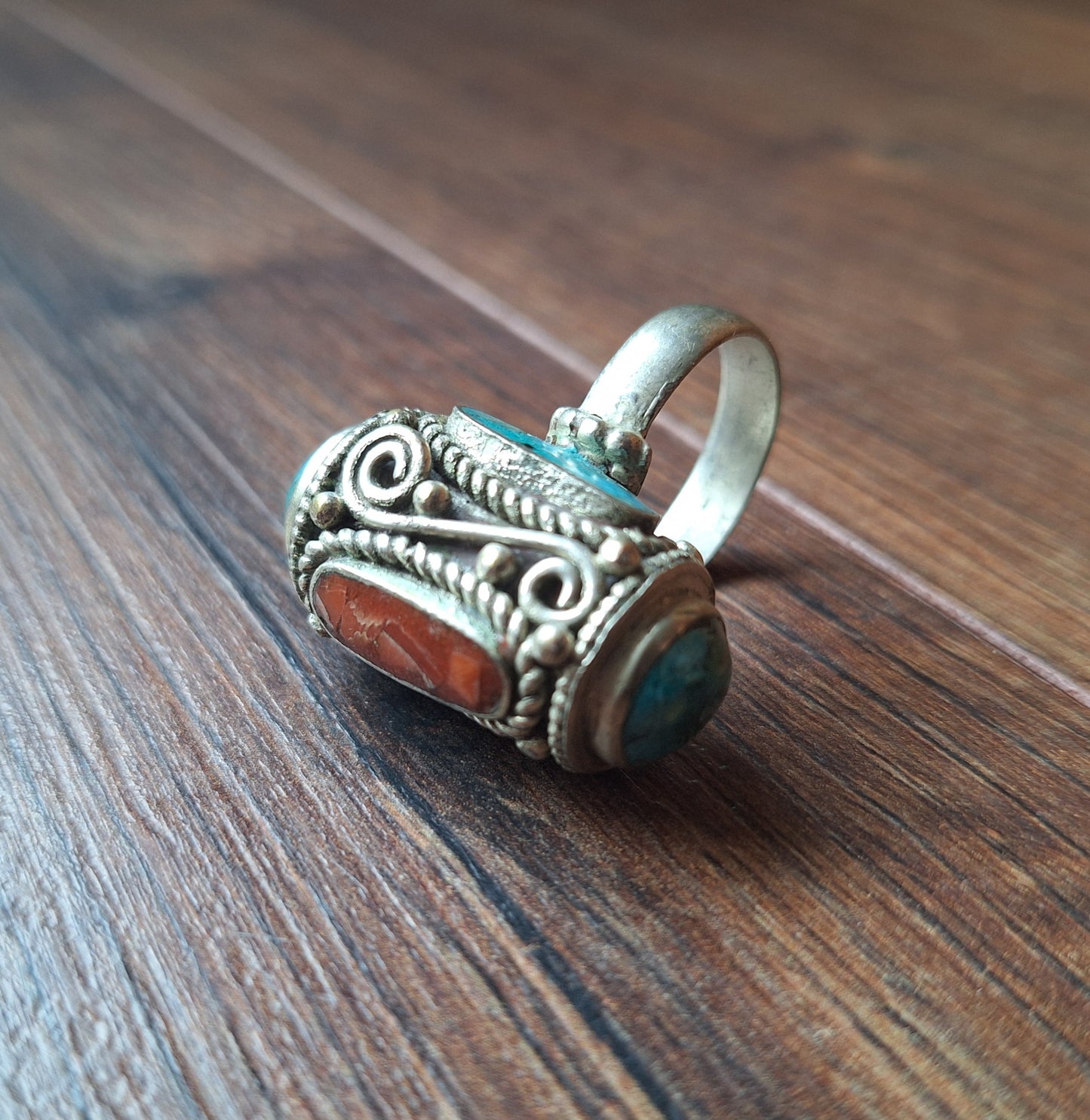Vintage Tibetan silver and gemstone ring