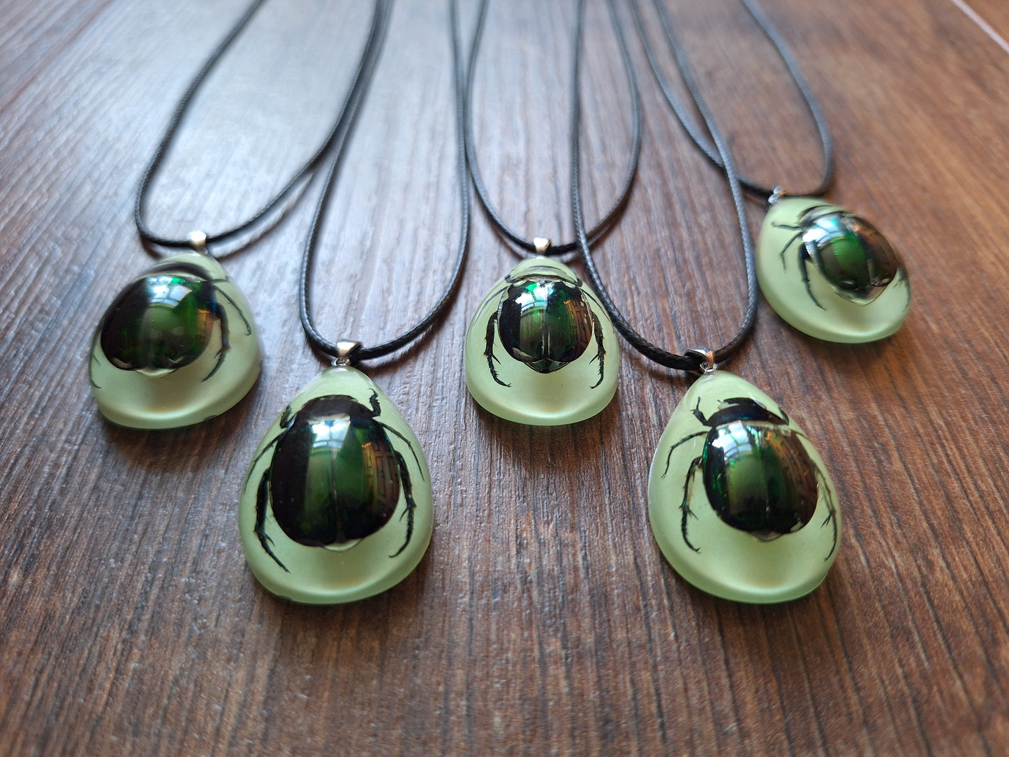 Beetle in glow-in-the-dark resin necklace