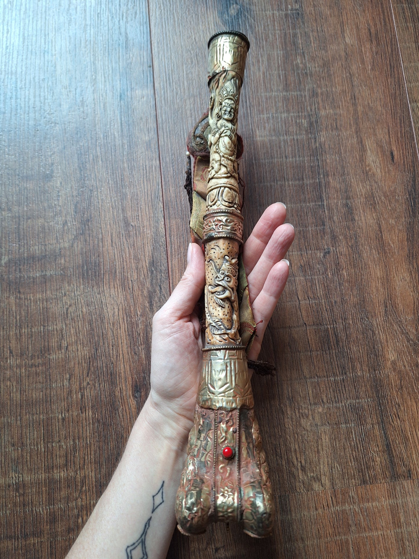 Vintage Tibetan Buddhist carved yak bone kangling