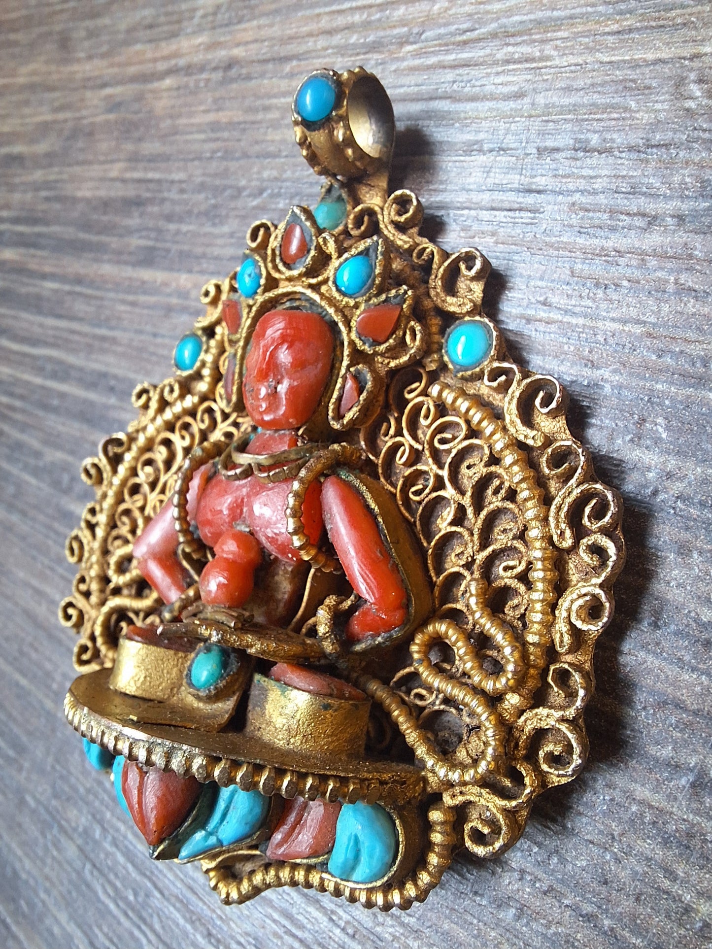 Gilded copper, coral and turquoise pendant Amitabha Buddha