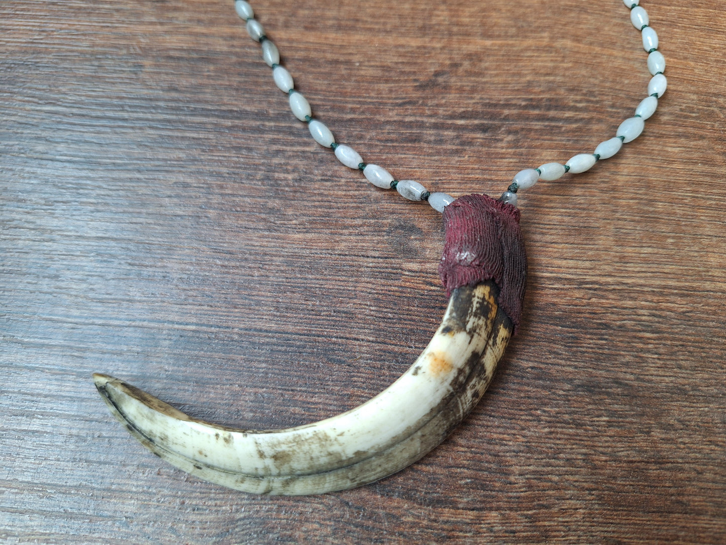 Vintage Nepalese snow quartz necklace with wild boar tooth pendant