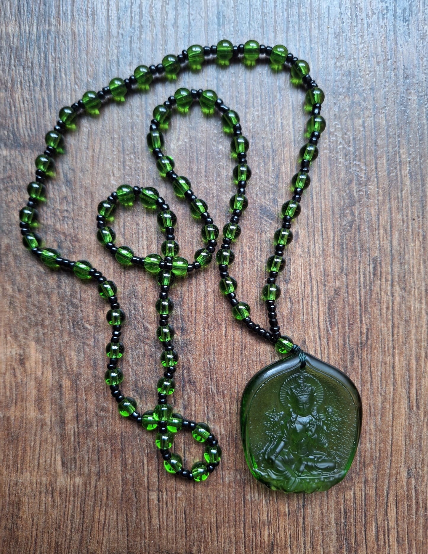 Green glass necklace with Green Tara pendant