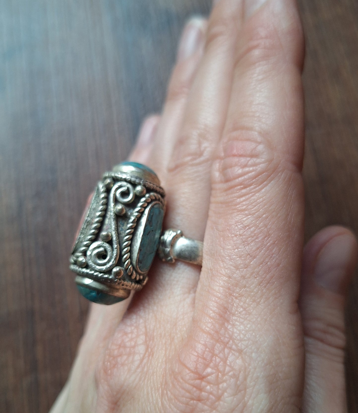 Vintage Tibetan silver and gemstone ring