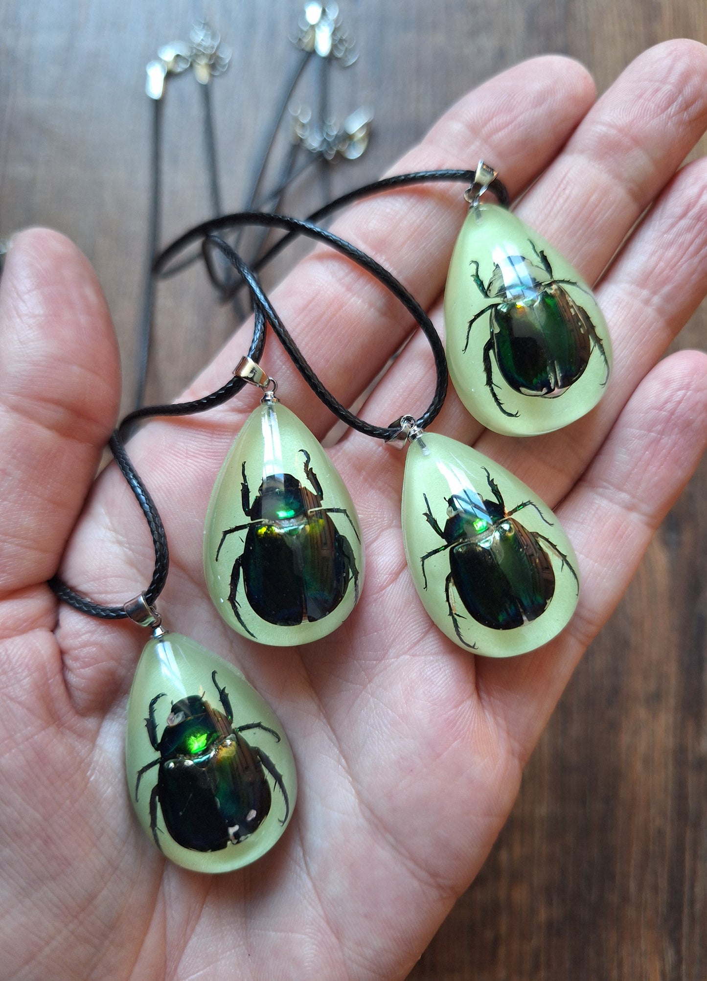 Beetle in glow-in-the-dark resin necklace