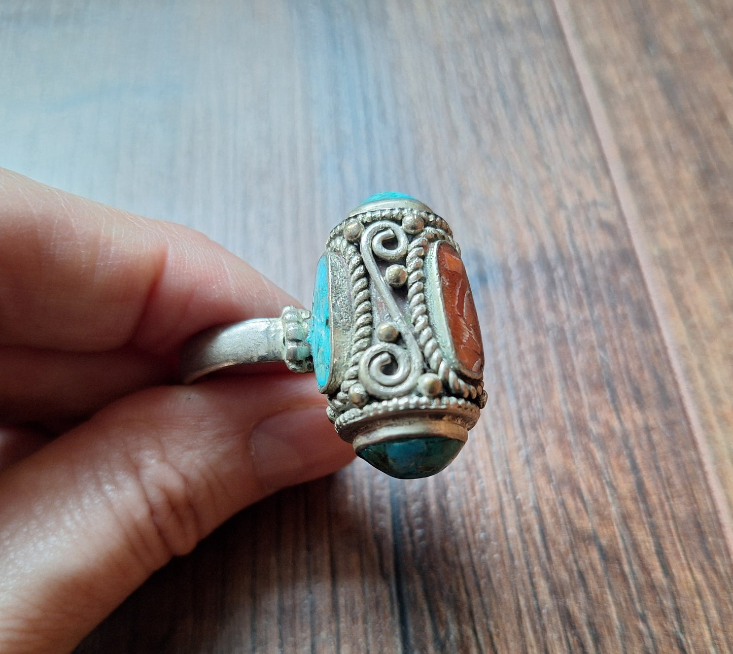 Vintage Tibetan silver and gemstone ring