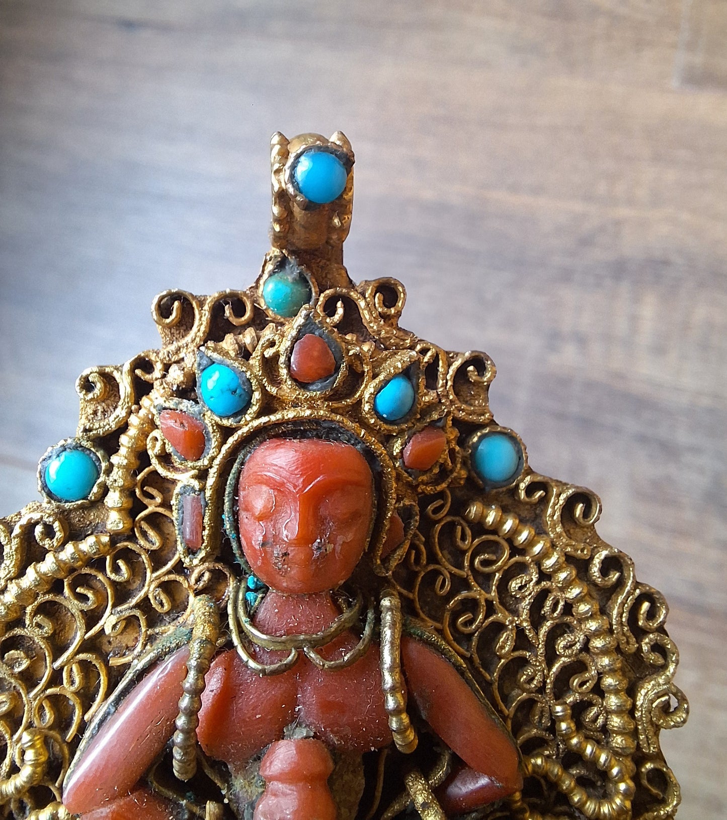Gilded copper, coral and turquoise pendant Amitabha Buddha