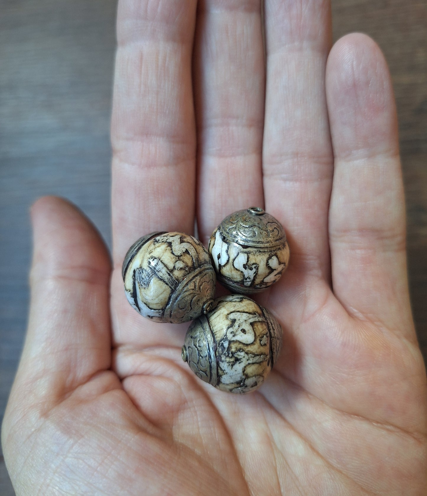 Vintage Tibetan conch shell mantra beads, set of 3