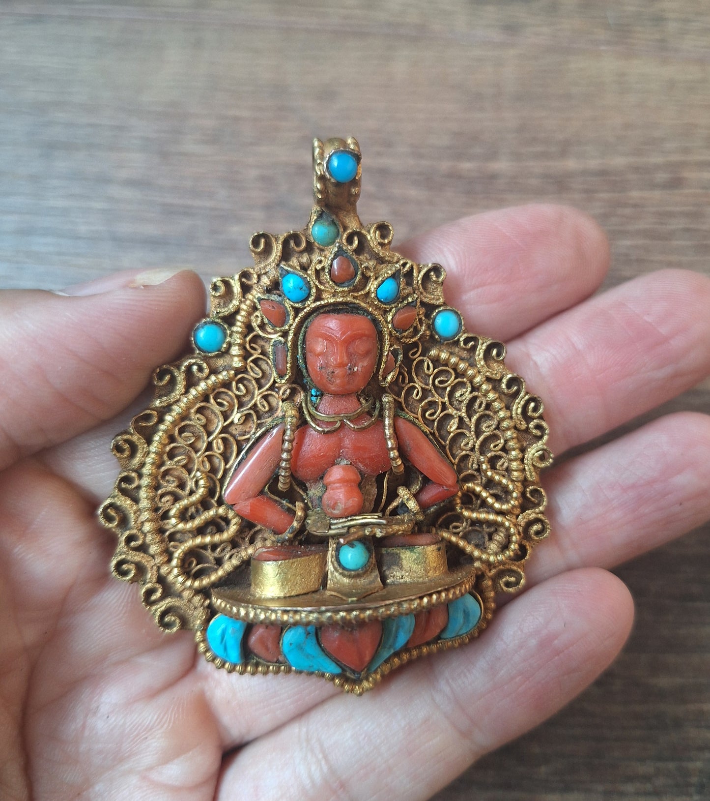 Gilded copper, coral and turquoise pendant Amitabha Buddha
