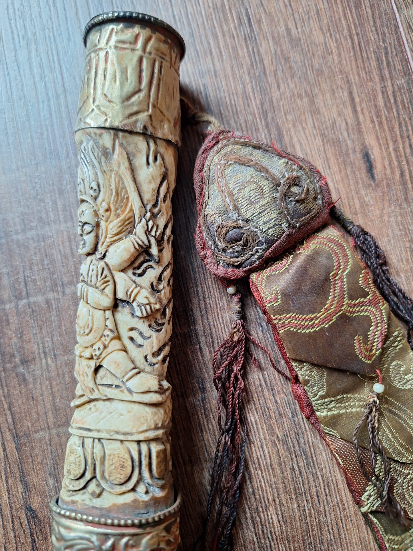 Vintage Tibetan Buddhist carved yak bone kangling