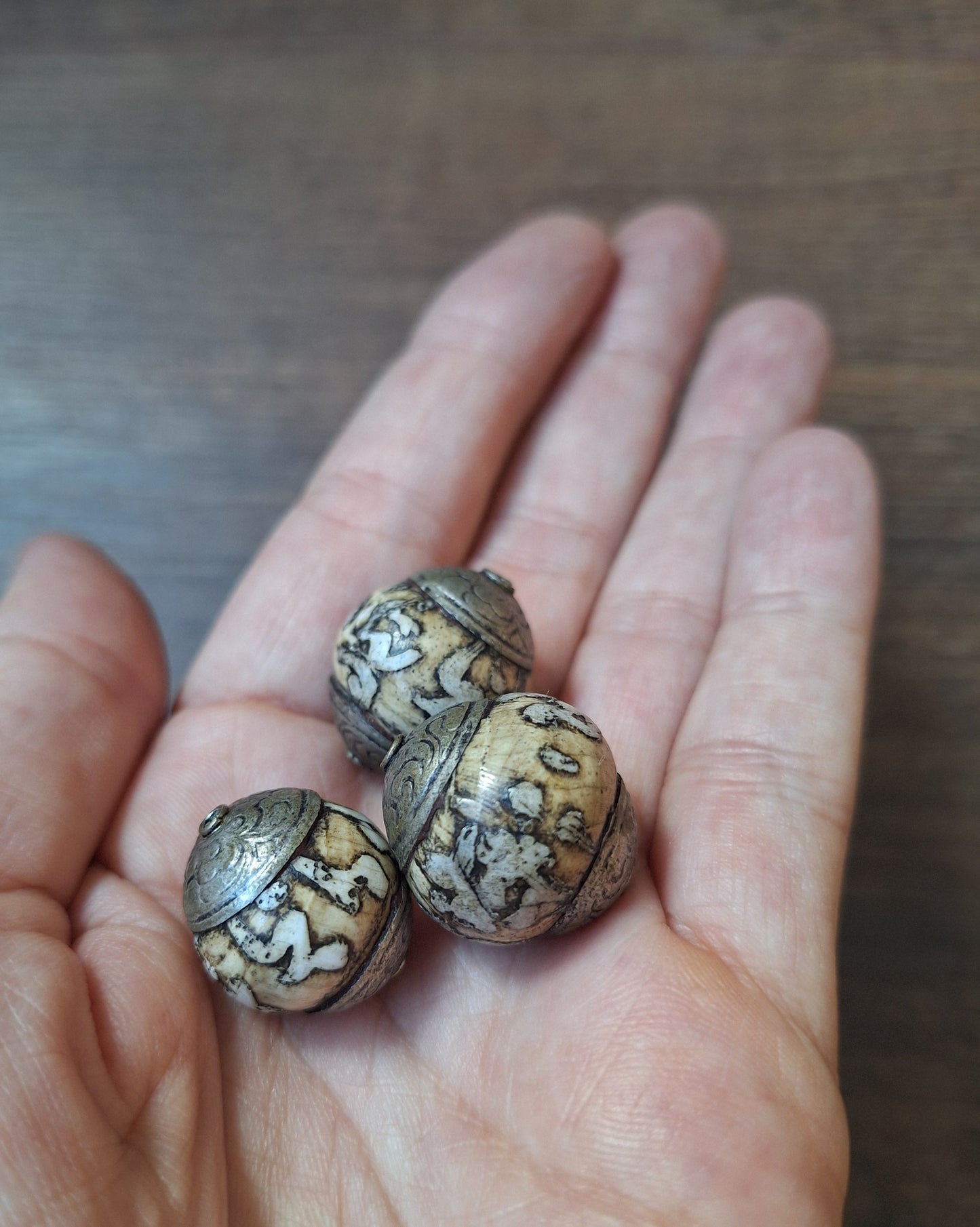 Vintage Tibetan conch shell mantra beads, set of 3