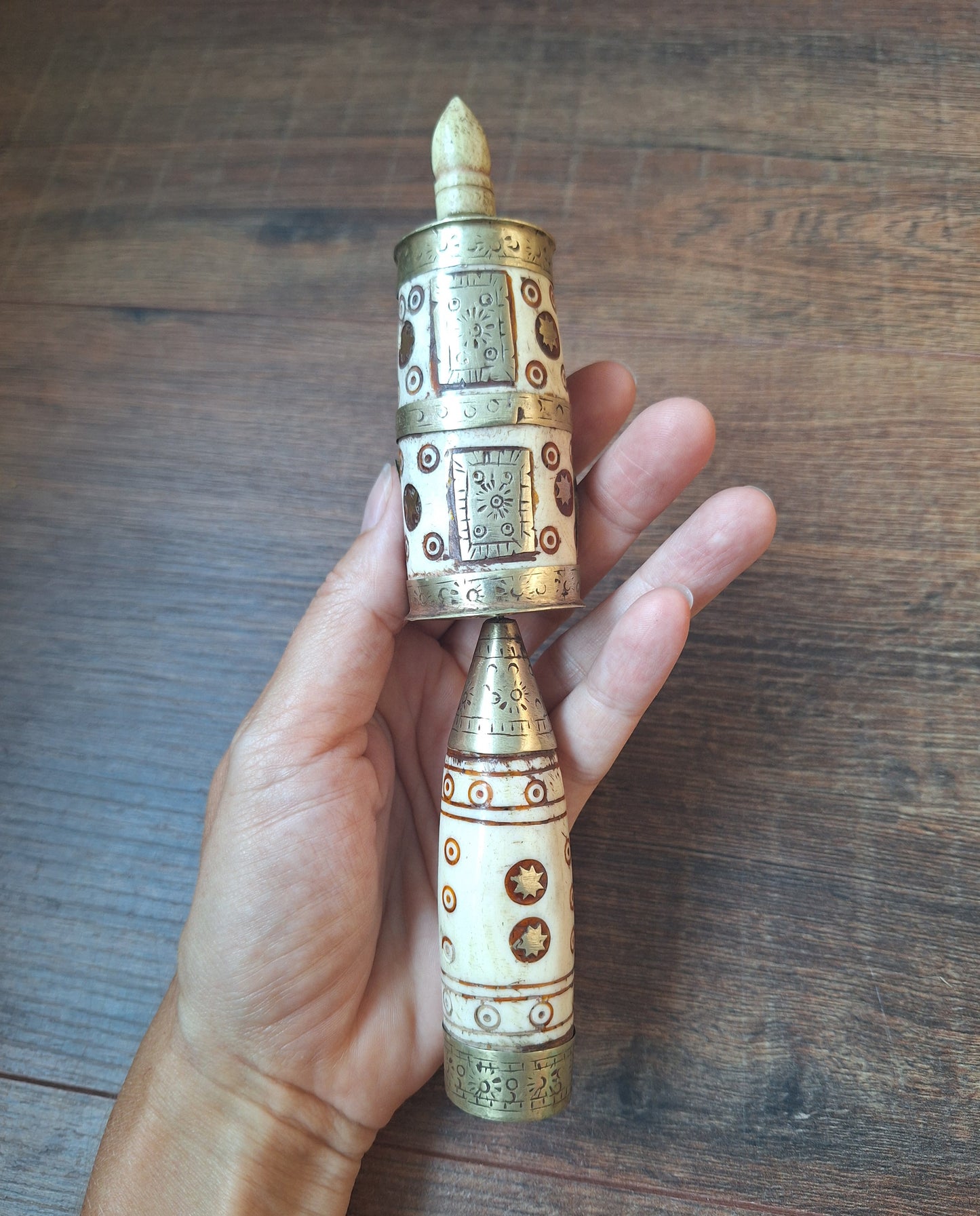 Vintage Tibetan silver and yak bone prayer wheel