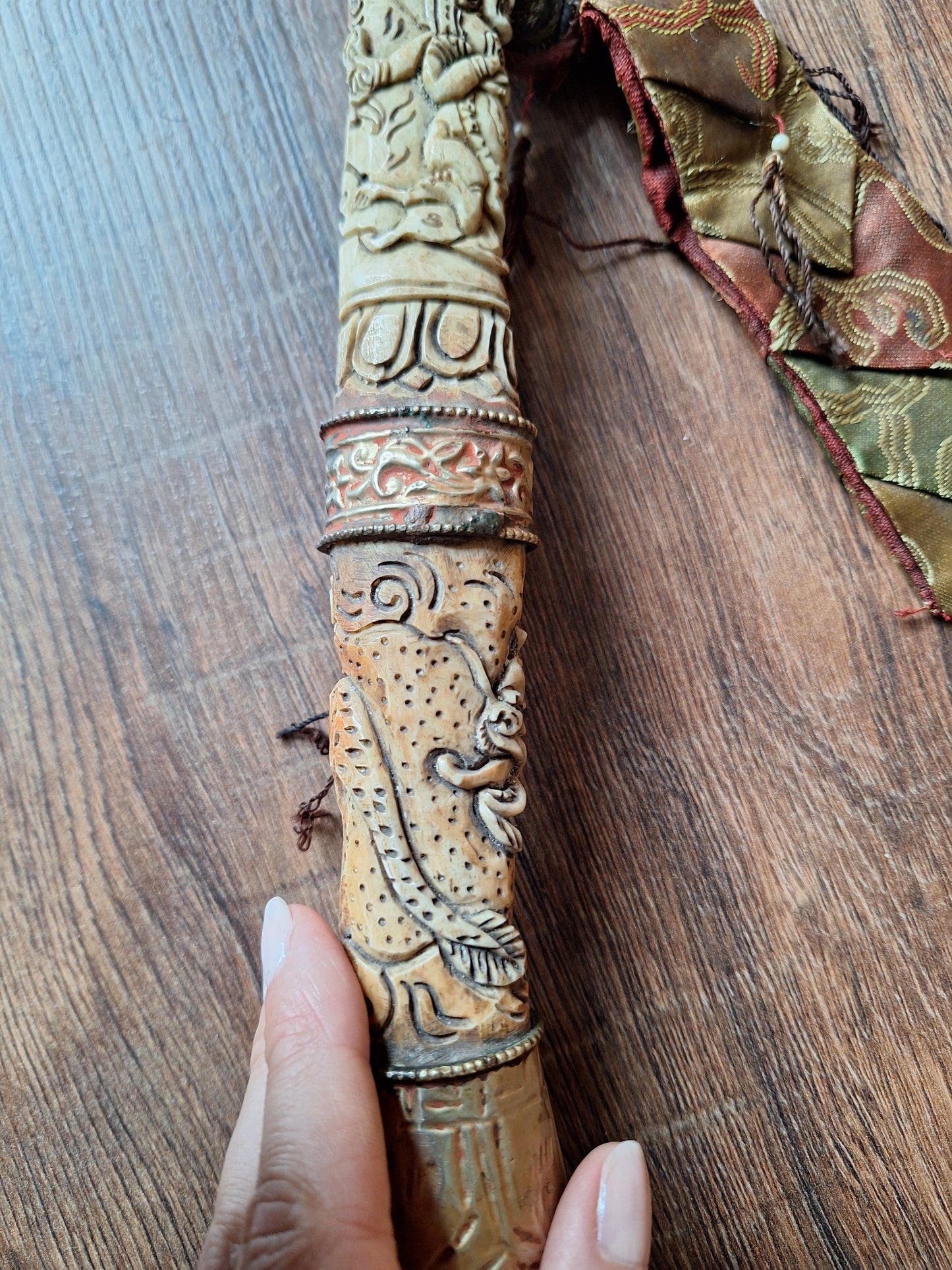 Vintage Tibetan Buddhist carved yak bone kangling
