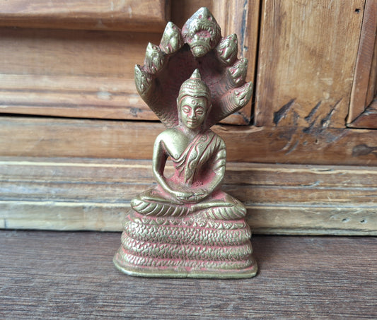 Vintage brass Shakyamuni Buddha with Mucalinda figurine