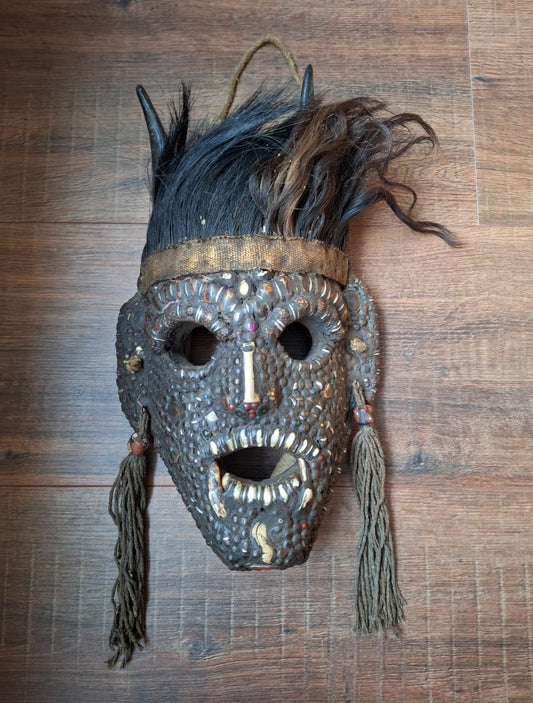 Vintage Nepalese wrathful spirit mask with seeds, shells and horns #3
