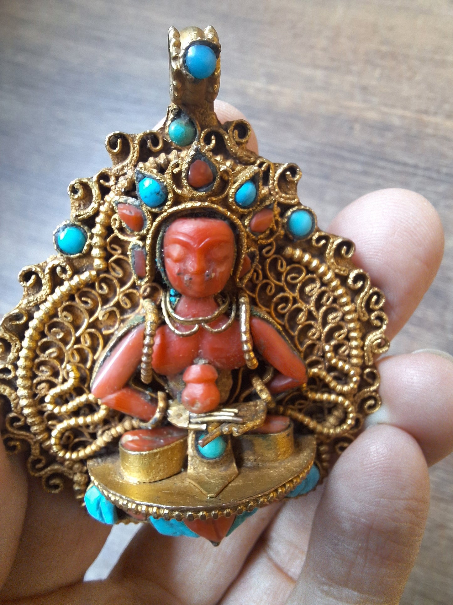 Gilded copper, coral and turquoise pendant Amitabha Buddha