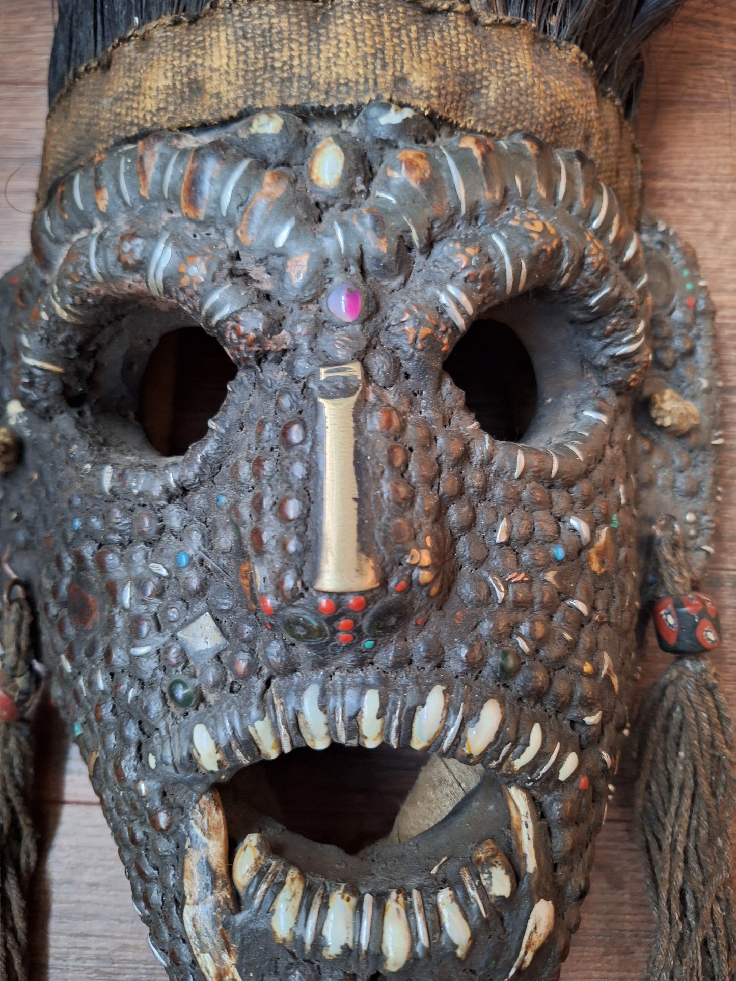 Vintage Nepalese wrathful spirit mask with seeds, shells and horns #3