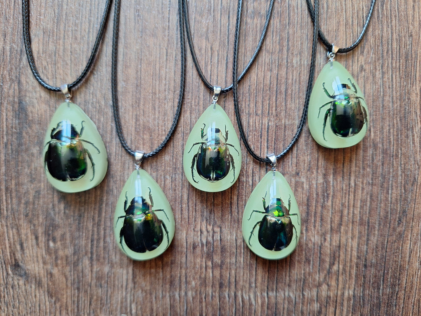 Beetle in glow-in-the-dark resin necklace