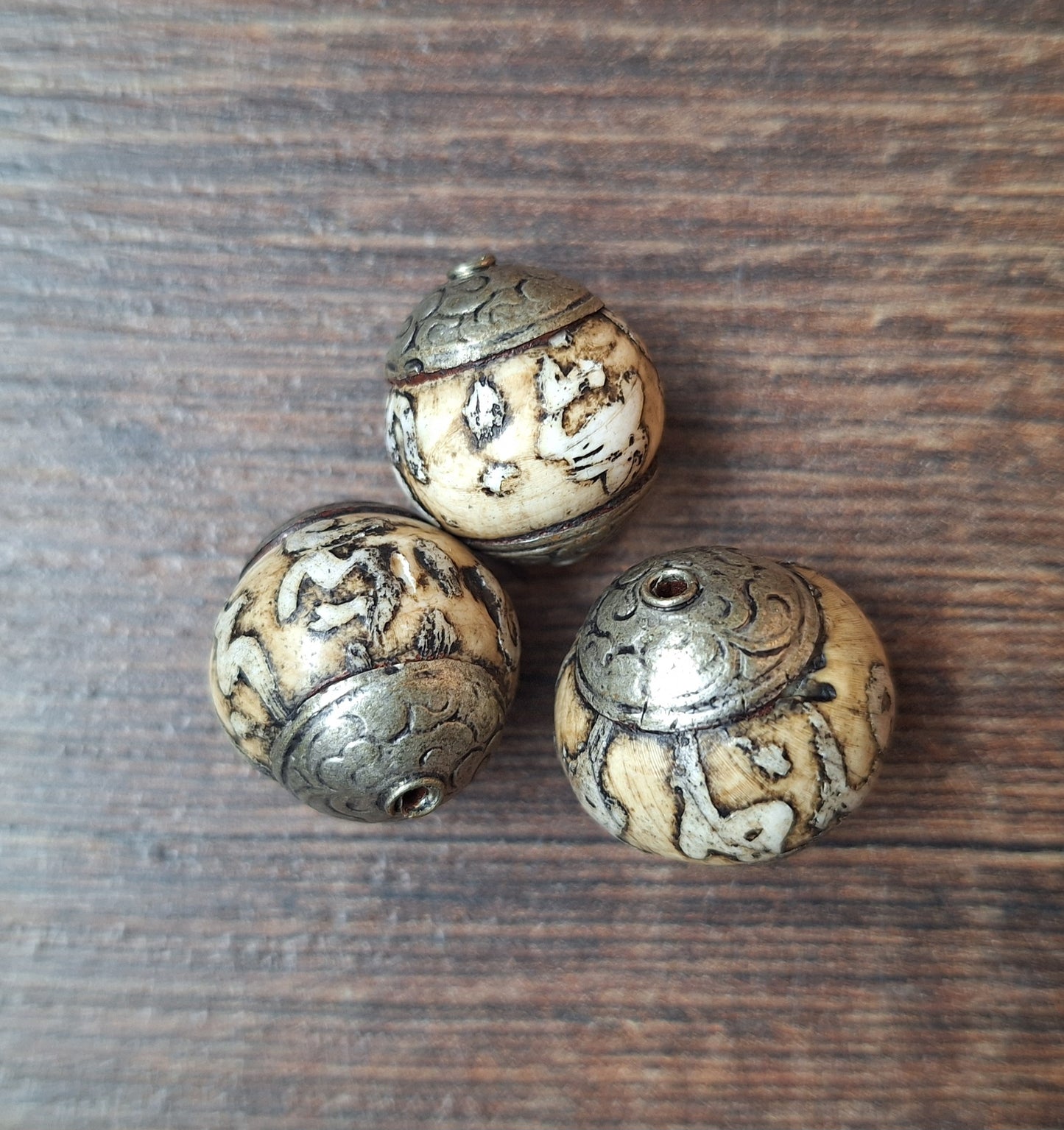 Vintage Tibetan conch shell mantra beads, set of 3