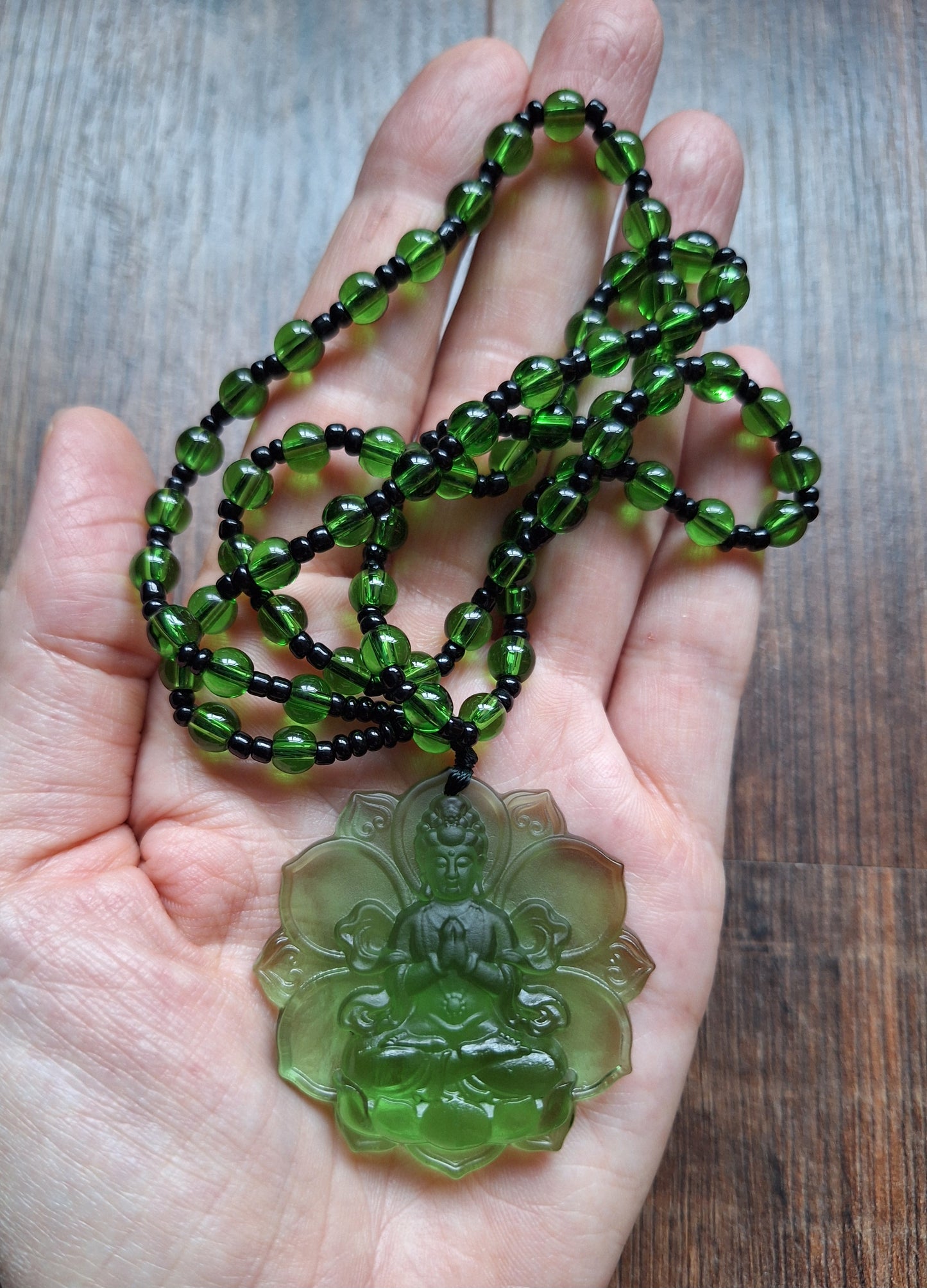 Green glass necklace with Green Tara pendant