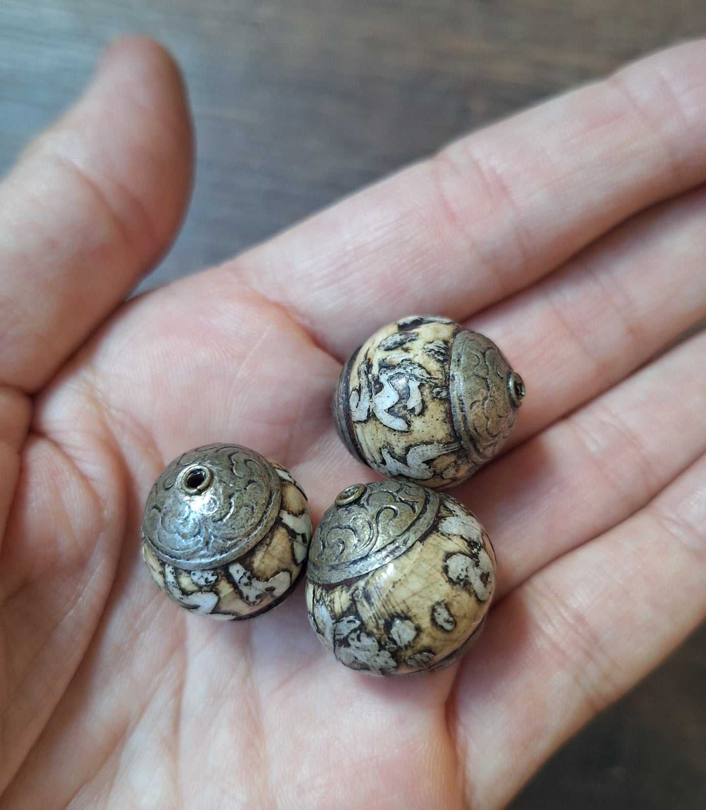 Vintage Tibetan conch shell mantra beads, set of 3