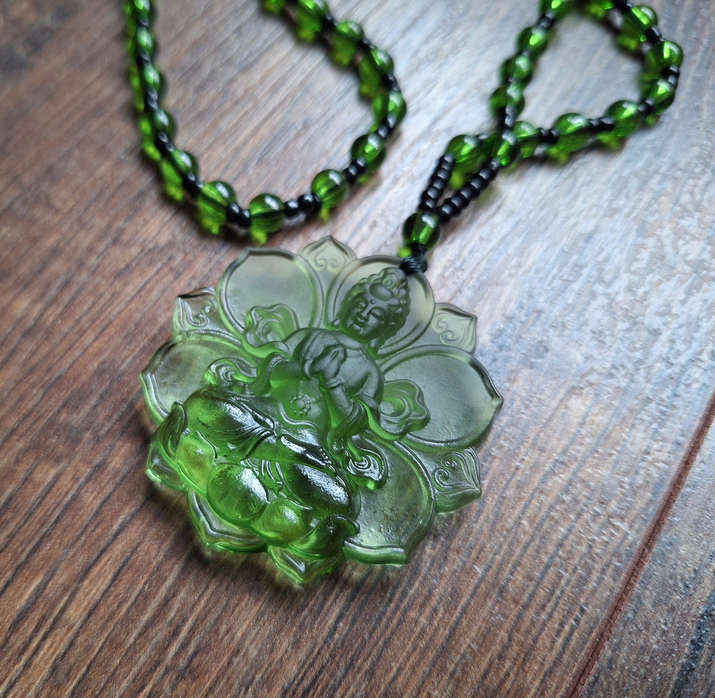 Green glass necklace with Green Tara pendant