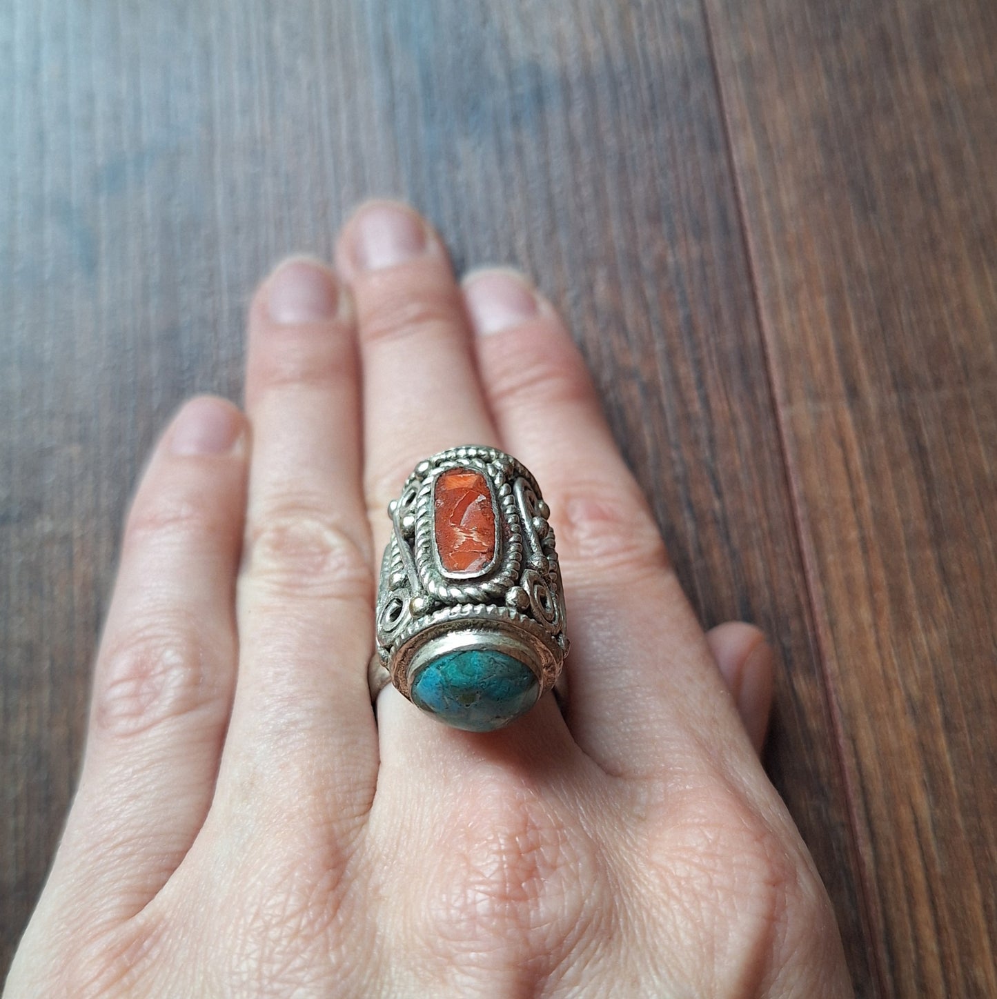 Vintage Tibetan silver and gemstone ring