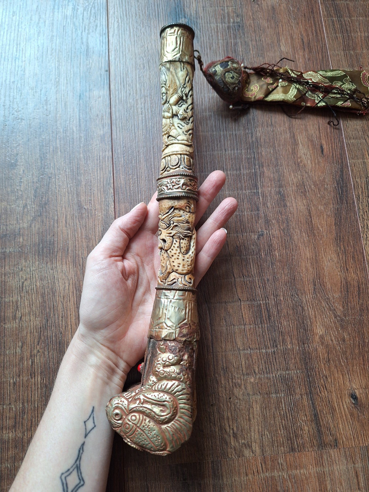 Vintage Tibetan Buddhist carved yak bone kangling