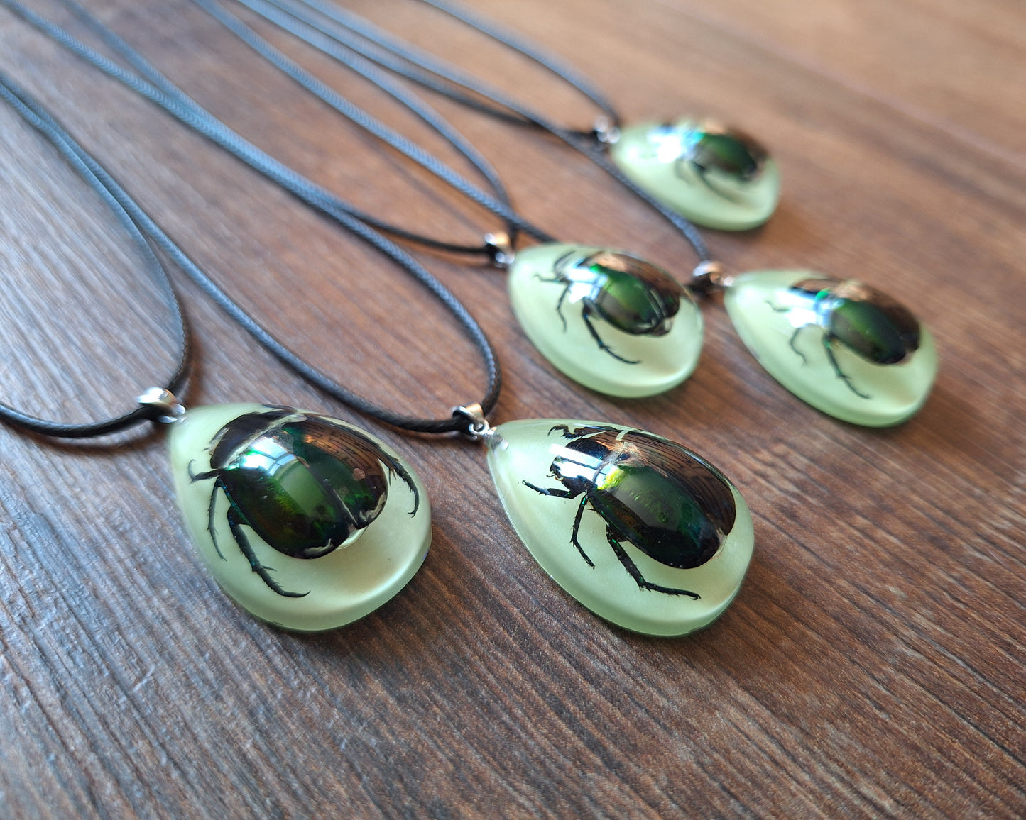 Beetle in glow-in-the-dark resin necklace