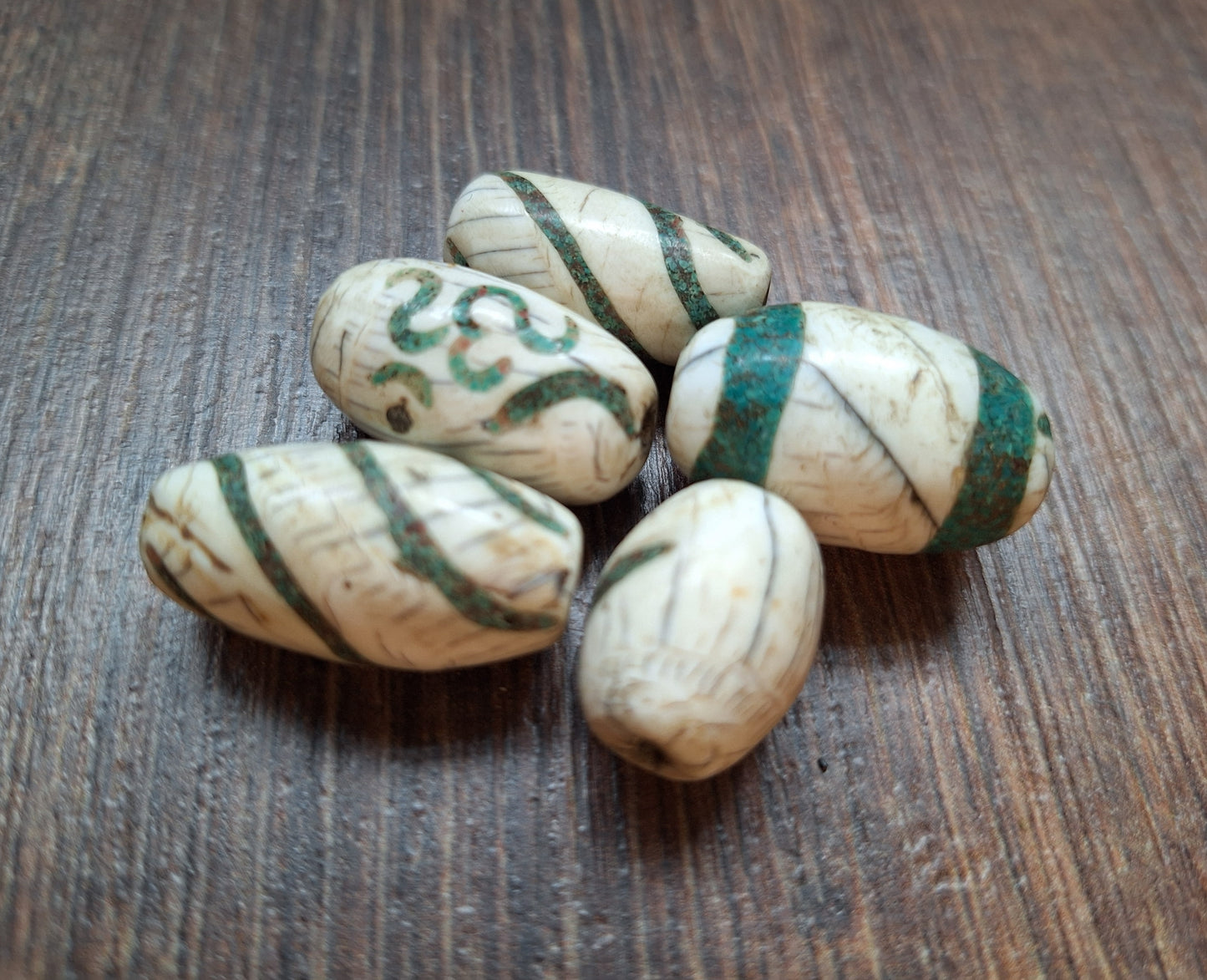 Old conch shell beads with turquoise inlay, set of 5