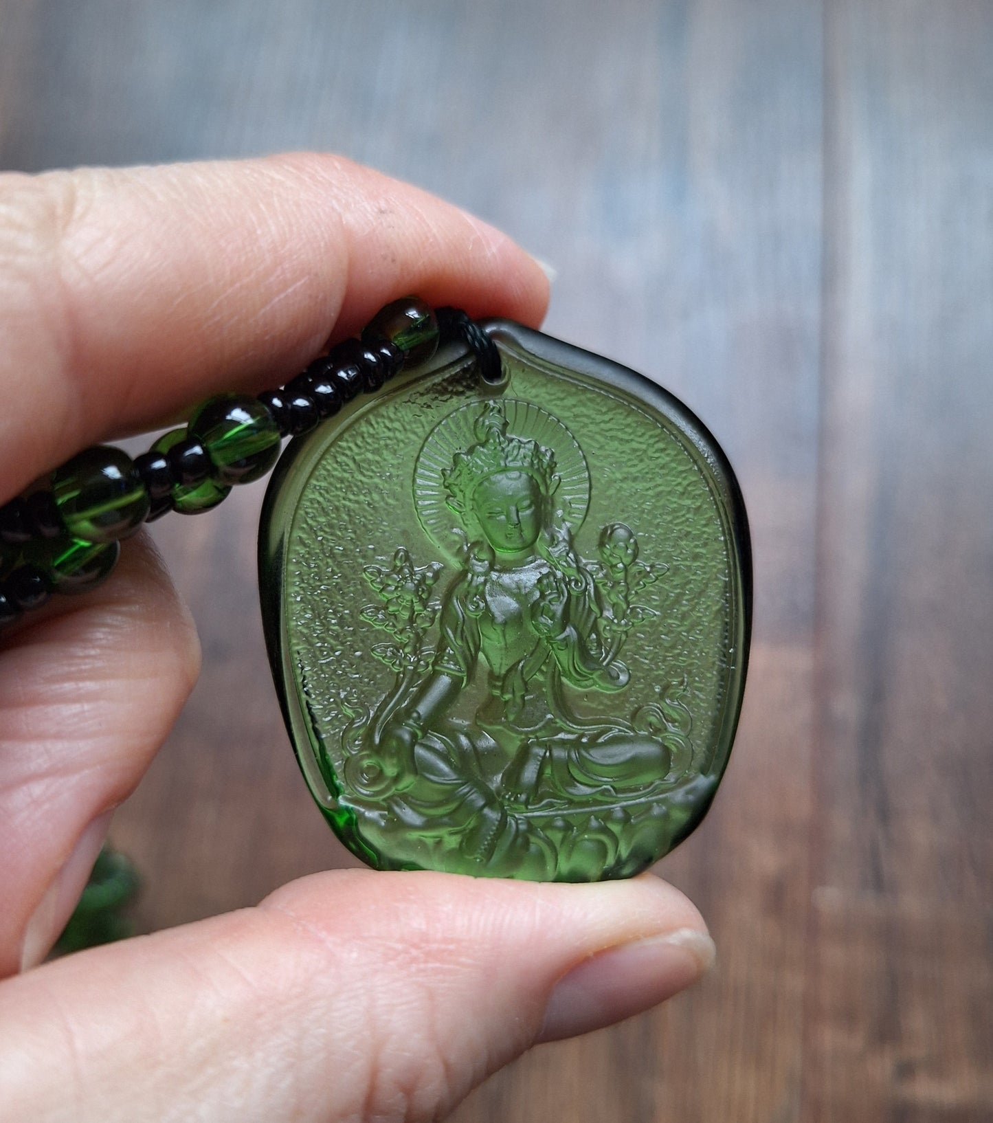 Green glass necklace with Green Tara pendant