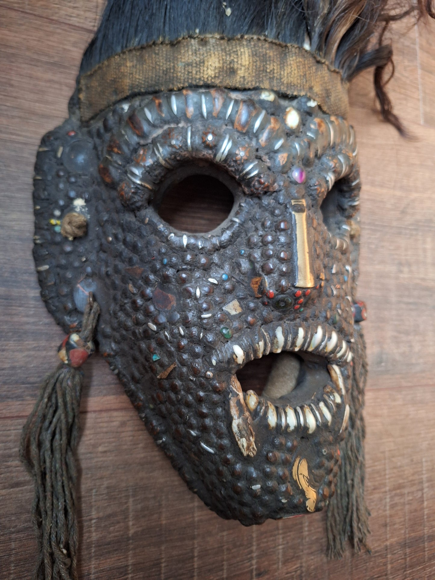 Vintage Nepalese wrathful spirit mask with seeds, shells and horns #3