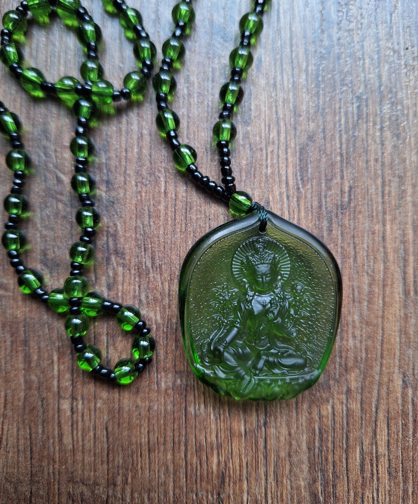 Green glass necklace with Green Tara pendant