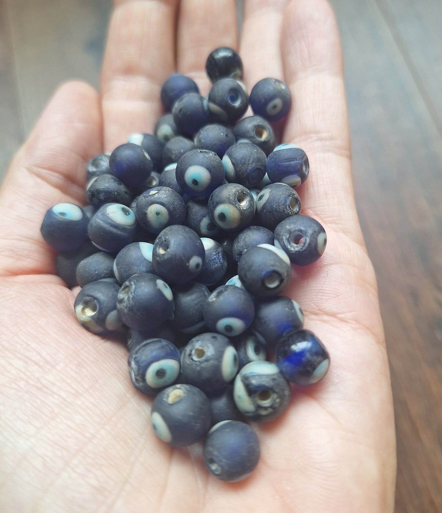 Vintage glass beads Eye, dark blue, set of 10