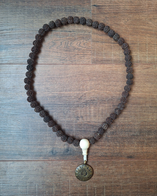 Vintage Nepalese rudraksha mala with melong Auspicious Symbols