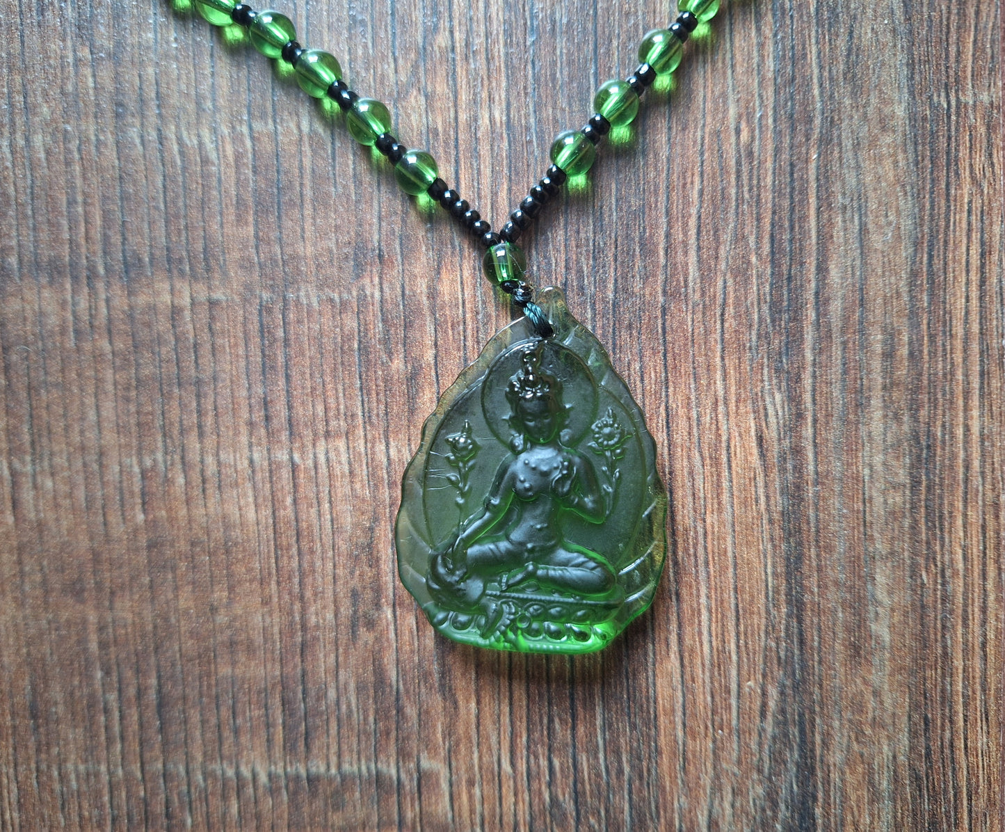 Green glass necklace with Green Tara pendant