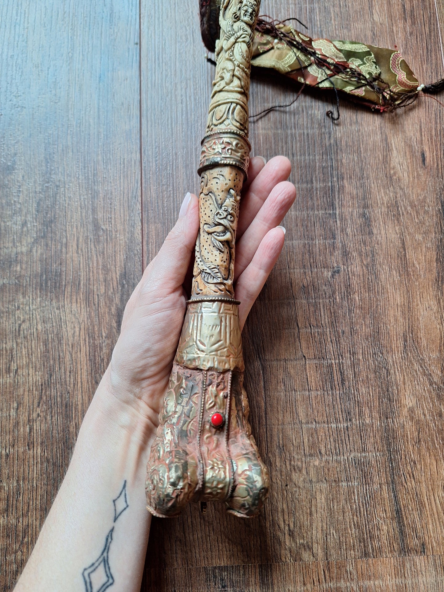 Vintage Tibetan Buddhist carved yak bone kangling