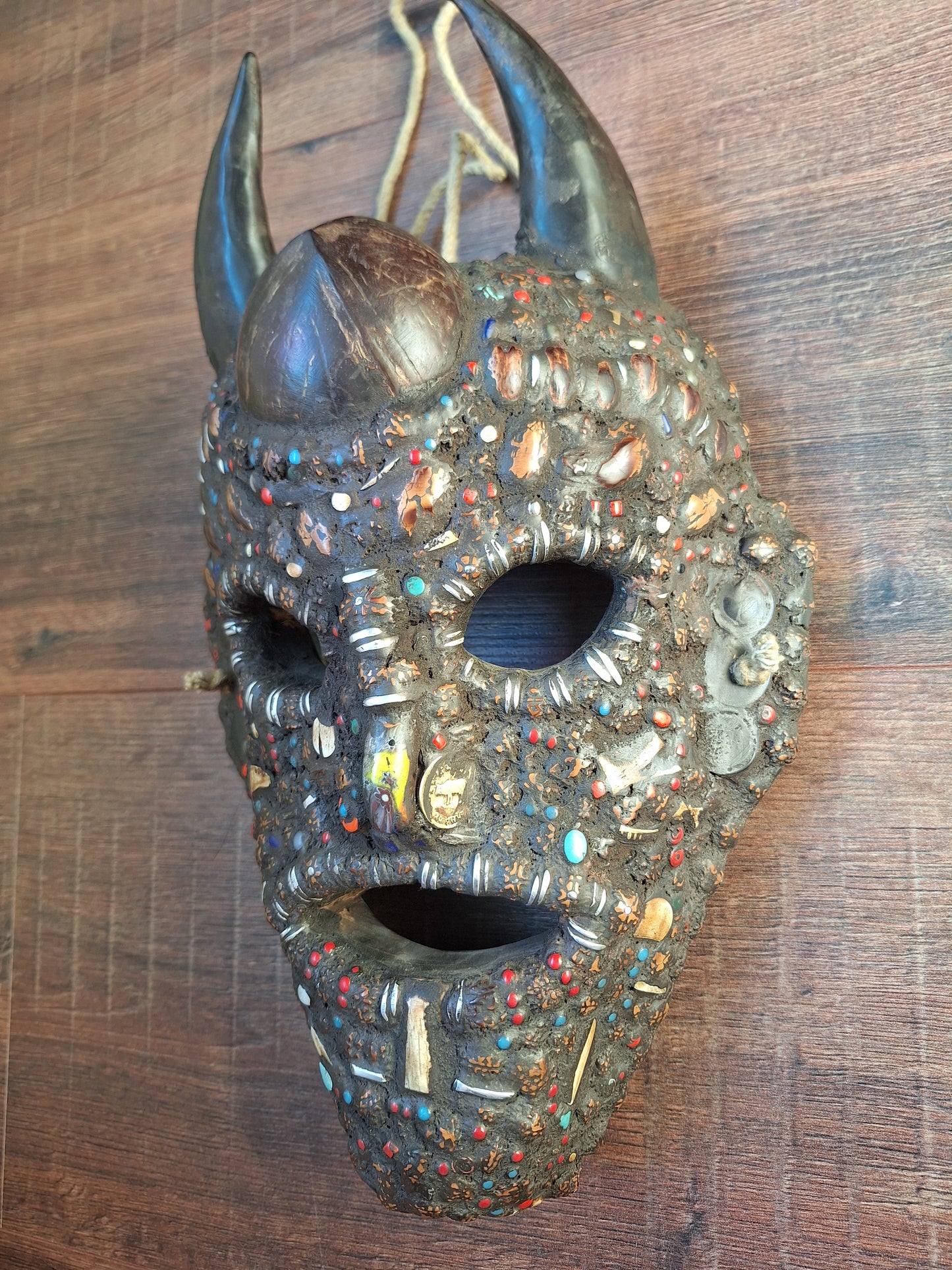 Vintage Nepalese wrathful spirit mask with seeds, shells and horns #2