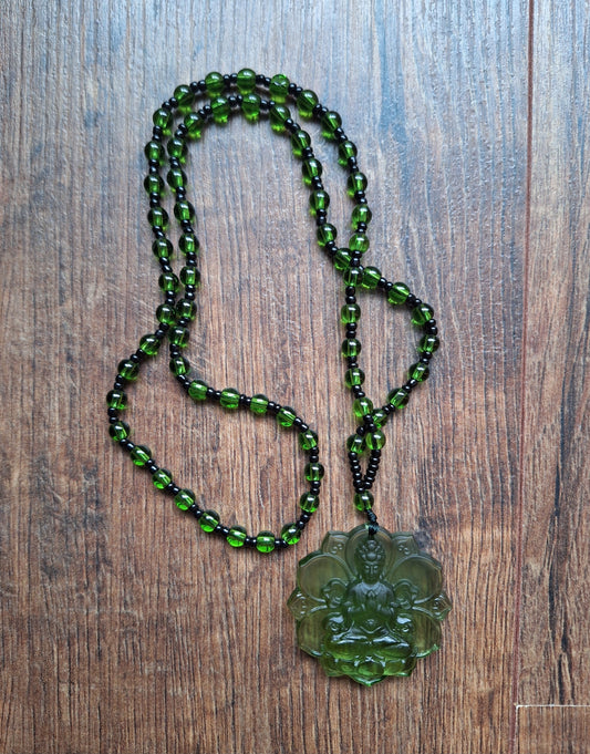 Green glass necklace with Green Tara pendant