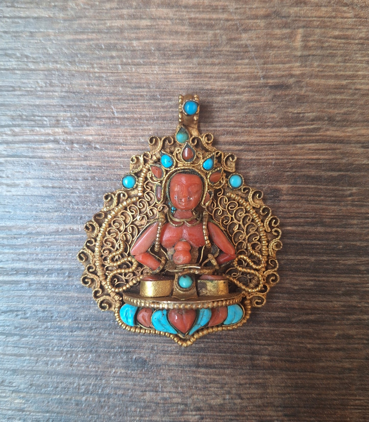 Gilded copper, coral and turquoise pendant Amitabha Buddha