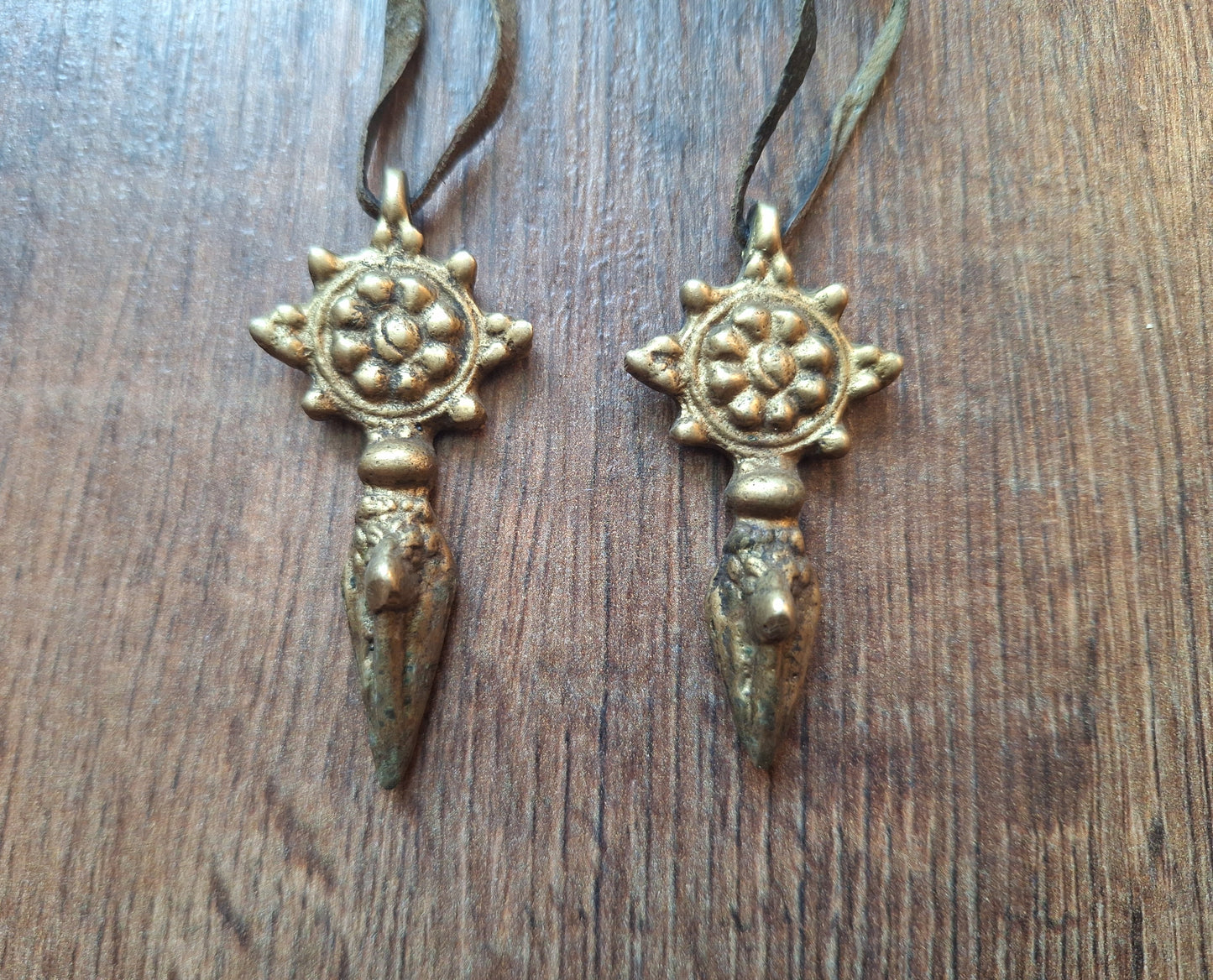 Vintage brass phurba pendant Dharma Wheel