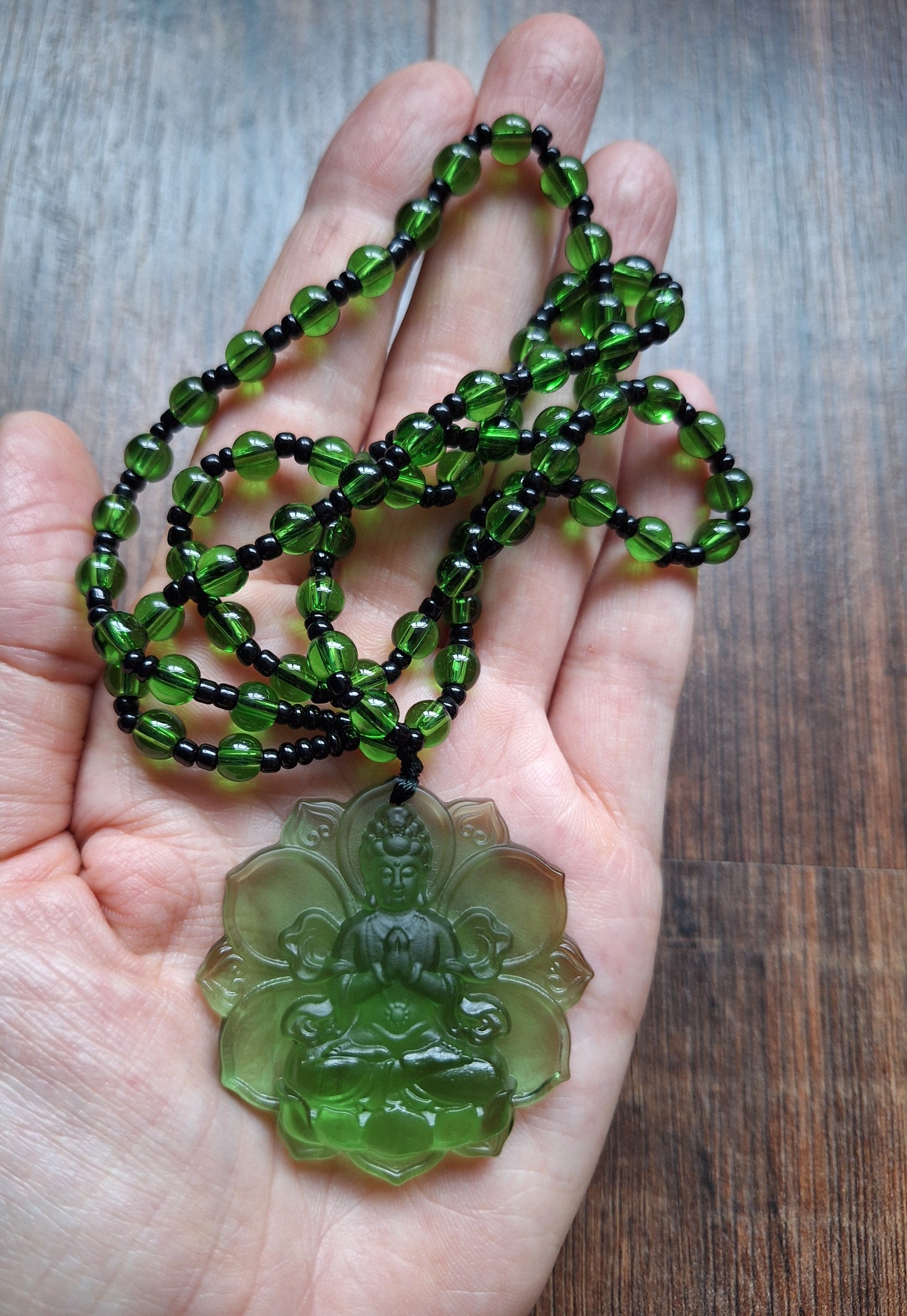Green glass necklace with Green Tara pendant