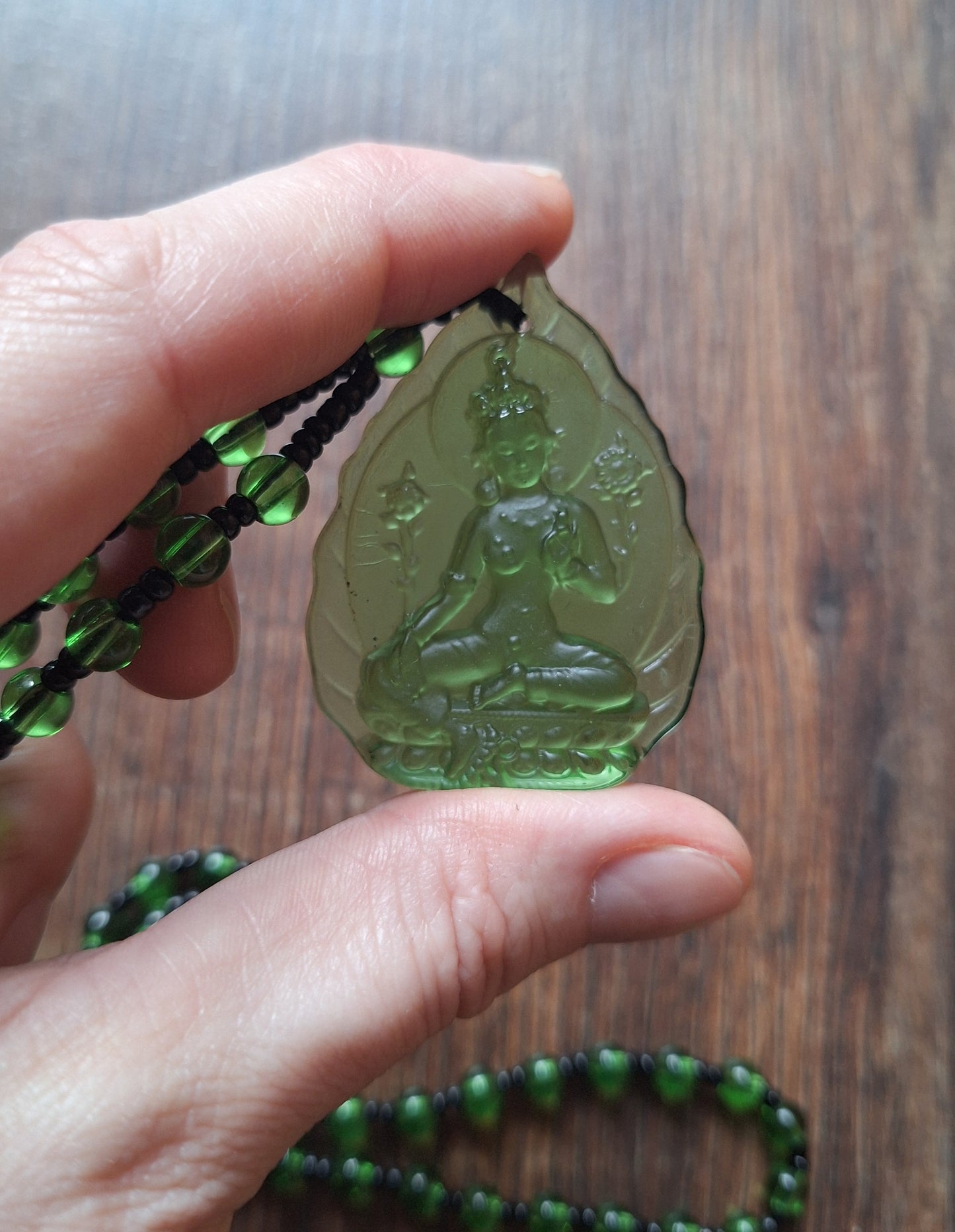 Green glass necklace with Green Tara pendant