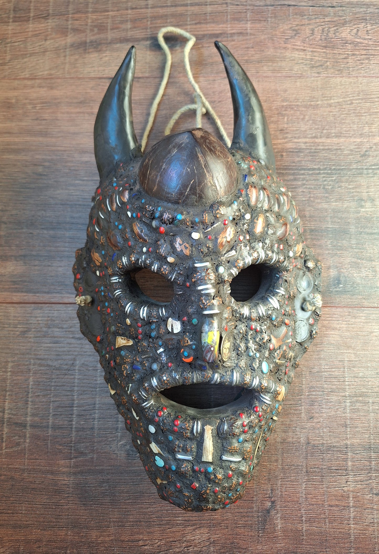 Vintage Nepalese wrathful spirit mask with seeds, shells and horns #2